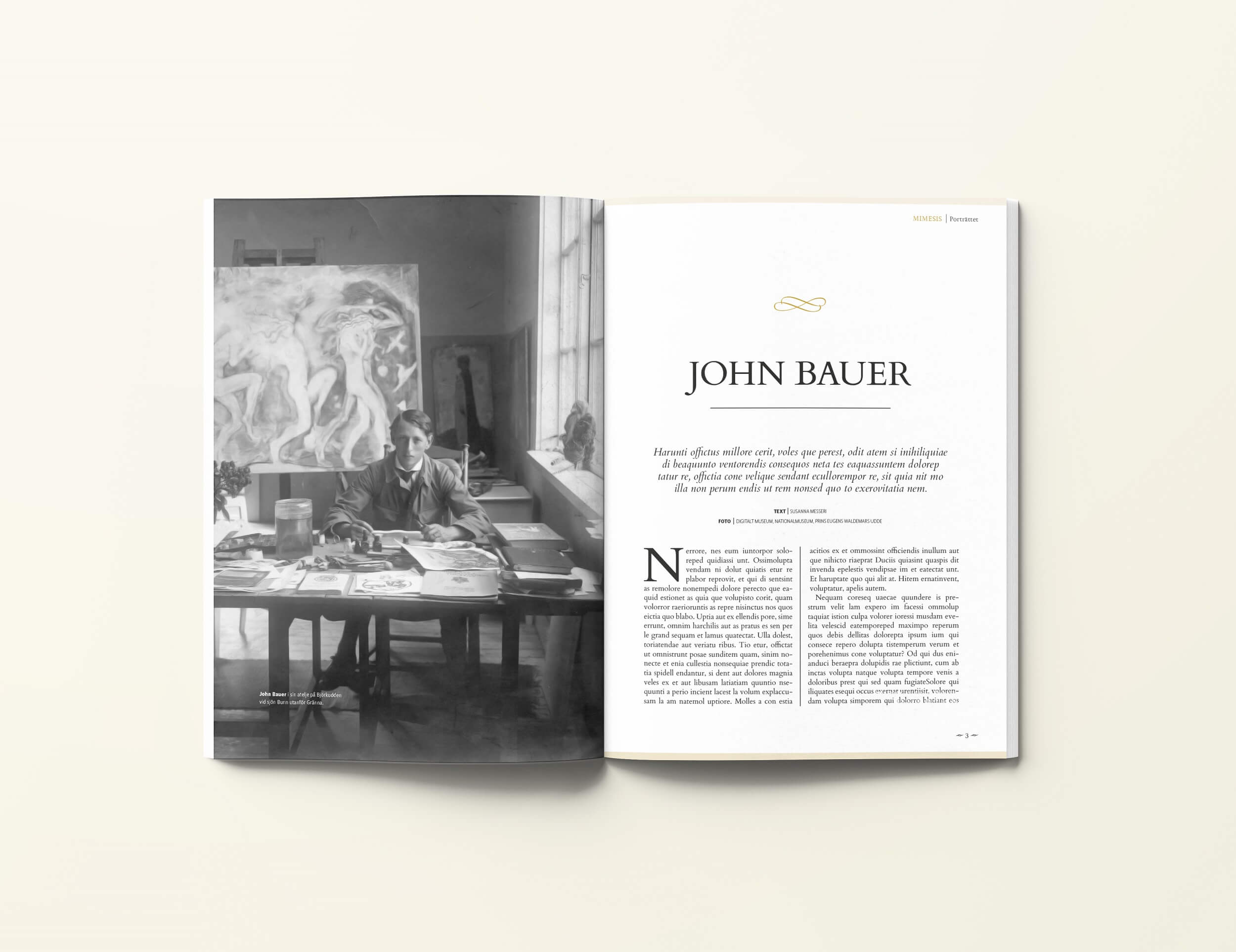 Bild på ett magasinuppslag med en bild på John Bauer i sin ateljé på Björkudden i Gränna