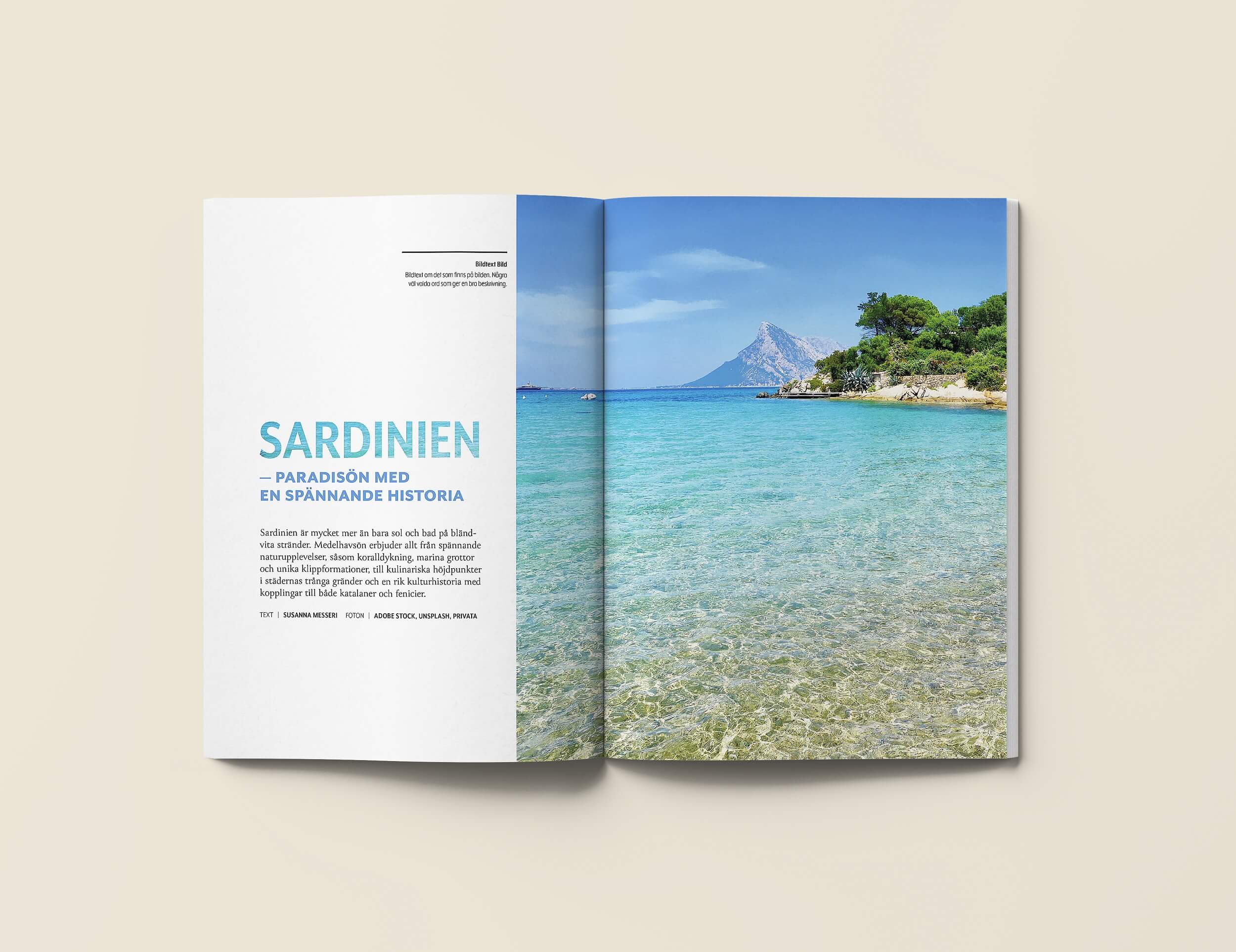 Bild på ett magasinuppslag med en bild på turkosfärgat hav