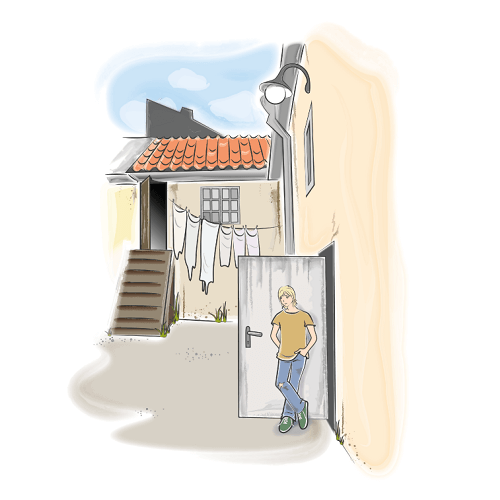 Bild på en illustration av en pojke som står på en bakgård