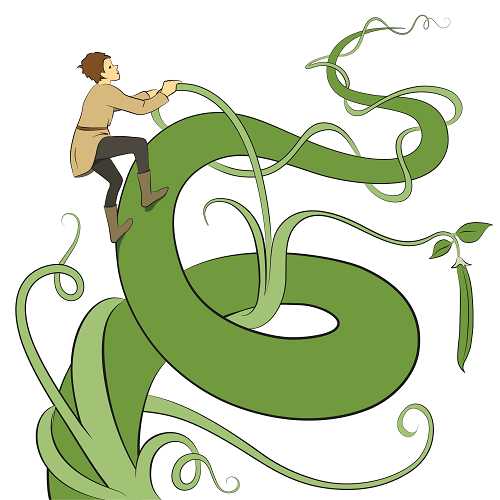 Bild på en illustration av Jack som klättrar på en stor grön bönstjälk