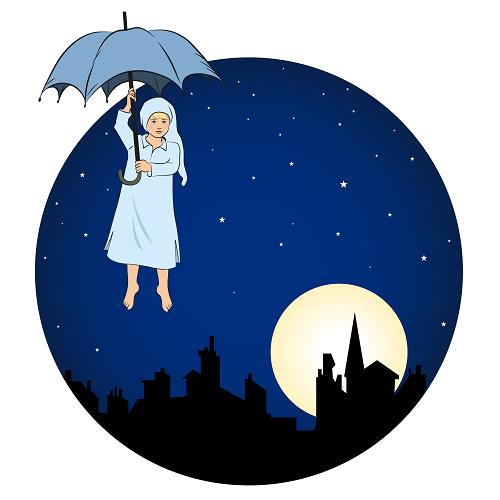 Bild på en illustration av John Blund, en pojke som flyger över en stad med ett paraply