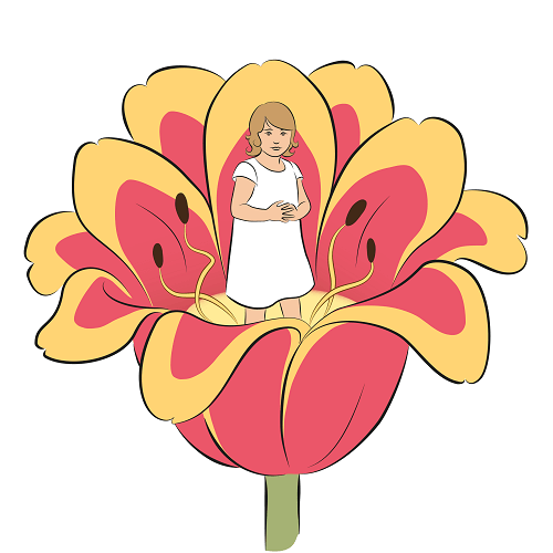 Bild på en illustration av Tummelisa som står i en röd och gul blomma